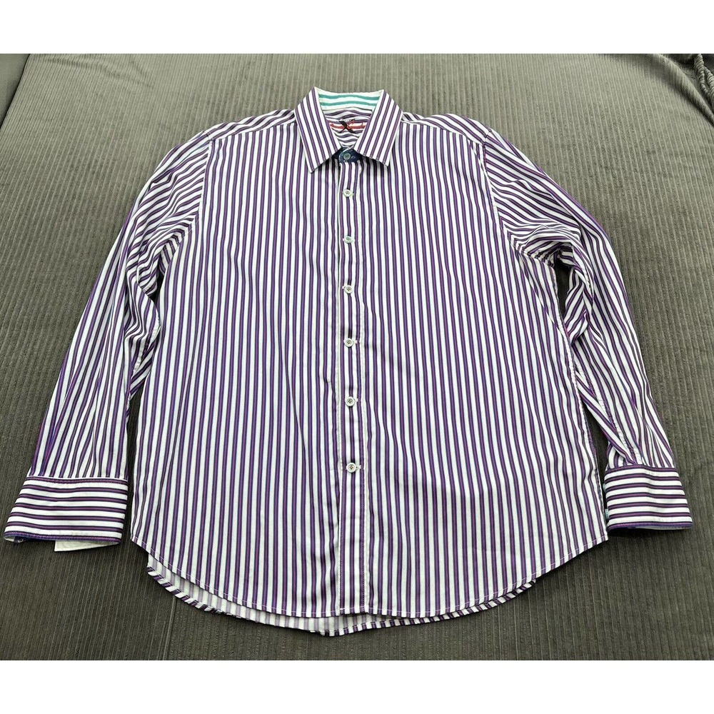 Robert Graham Tailored Fit‎ Men Shirt Size 2XL Cotton Purple White Striped.